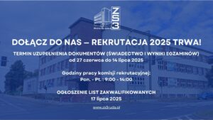 Rkrutacja 2025. Dostarczanie dokumentów (świadectwo i wyniki egzaminu) do 14 lipca. Godziny pracy komisji: poniedziałek- piątek 9:00 do 14:00. Ogłoszenie wyników 17 lipca. 