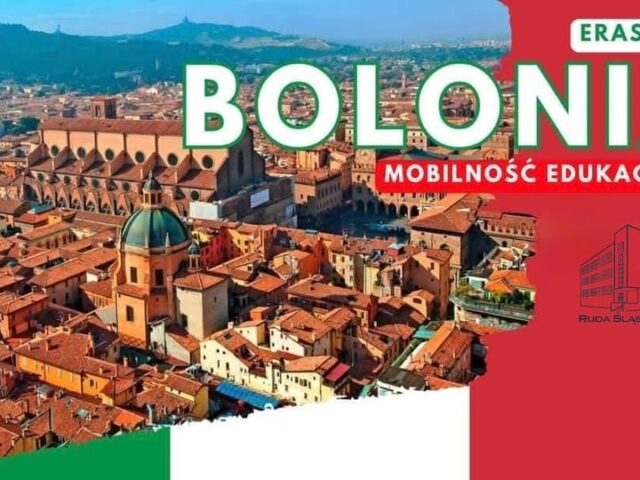 Plakat z panoramą Bolonii informujący o programie Erasmus +