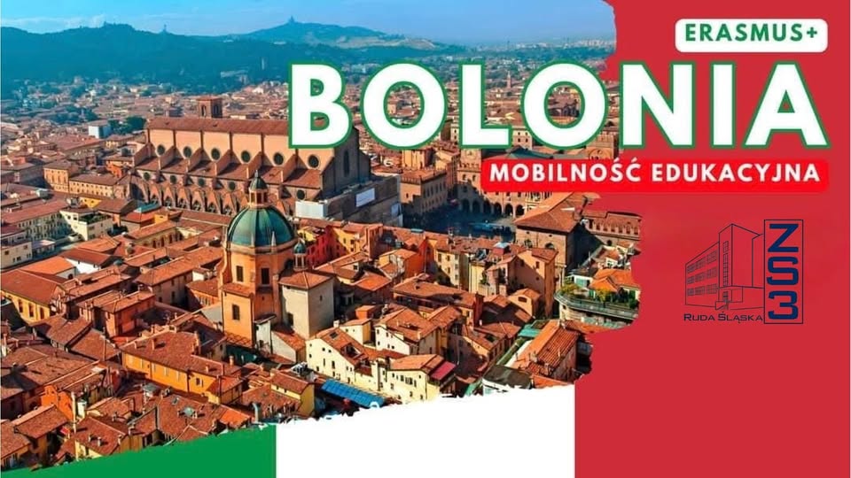 Plakat z panoramą Bolonii informujący o programie Erasmus +