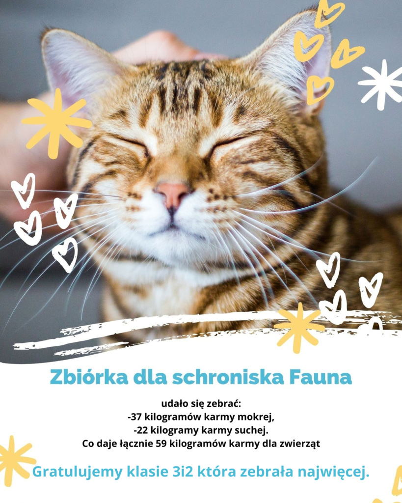 Grafika informacyjna o zbiórce karmy dla zwierząt.