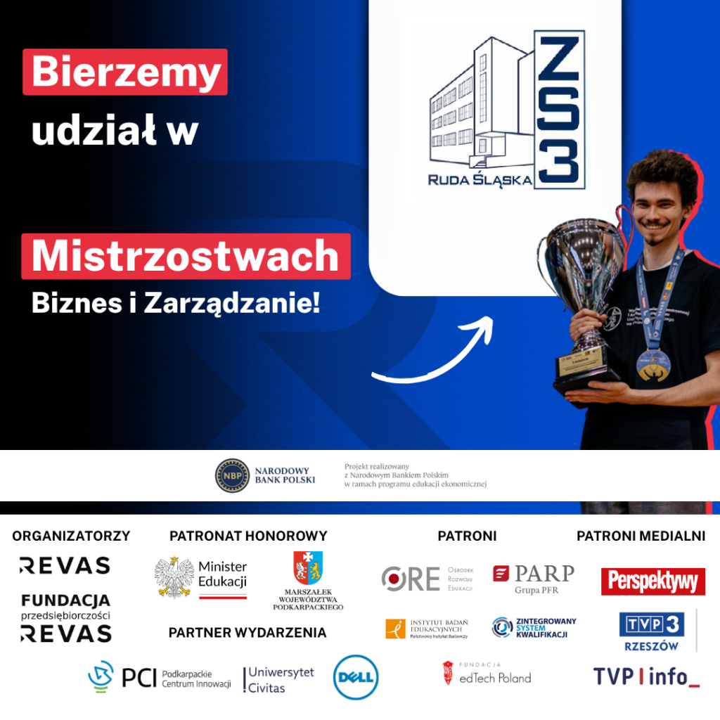 Grafika informująca o tym, że nasza szkoła bierze udział w eliminacjach do Mistrzostw Biznesu i Zarządzania.