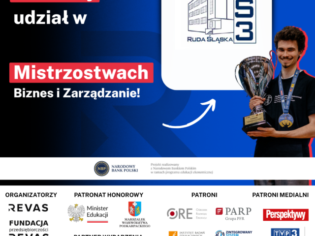 Grafika informująca o tym, że nasza szkoła bierze udział w eliminacjach do Mistrzostw Biznesu i Zarządzania.